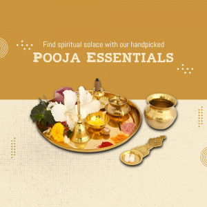 A golden plate filled with pooja items like flowers, incense, and a bell.