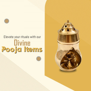 Golden pooja lamp with the text 'Divine Pooja Items'