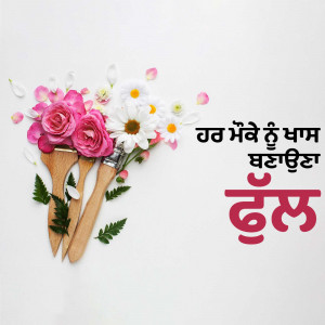 Flat lay of pink and white flowers with wooden spoons and Punjabi text