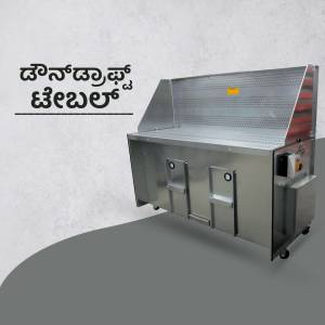 Stainless steel industrial washing machine with Kannada text overlay