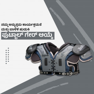 Close-up of blue and gray hockey shoulder pads with text in Kannada