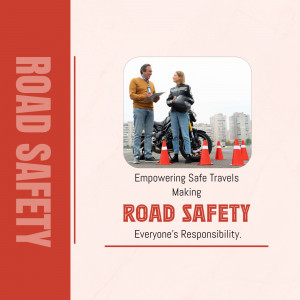 Image depicting a driving instructor with a student near a motorcycle and safety cones, promoting road safety.