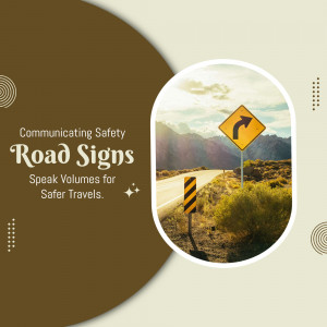 Image of a yellow road sign indicating a sharp left turn, with a scenic mountain backdrop.
