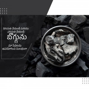 Close-up of activated charcoal pieces in a bowl with text in Telugu