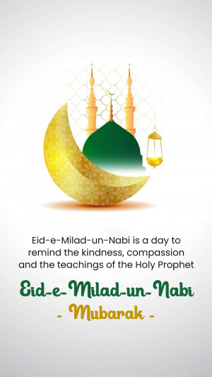 Eid-e-Milad-un-Nabi greeting with crescent moon and mosque