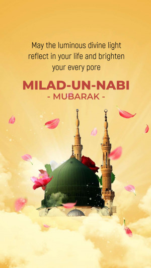 Milad-un-Nabi Mubarak greeting card with mosque and flower petals