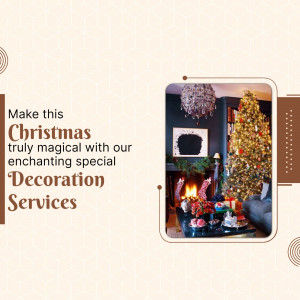 Interior view of a living room decorated for Christmas with a Christmas tree and fireplace.
