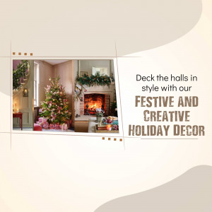 A promotional image showcasing festive holiday decorations including a Christmas tree and fireplace.