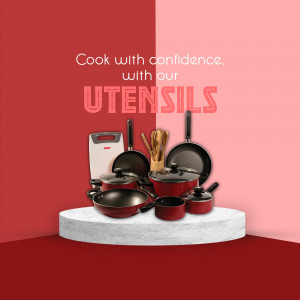 A stylish arrangement of kitchen utensils including pots, pans, and wooden tools on a marble platform against a red and pink gradient background.