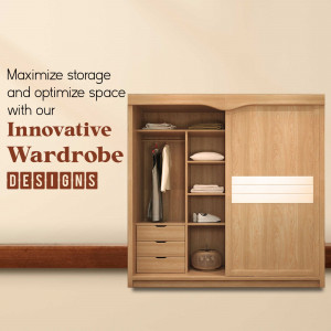 Wooden wardrobe with sliding doors and ample storage space
