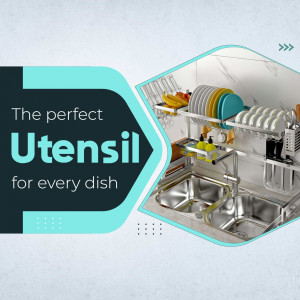 Stainless steel utensil rack over a kitchen sink with dishes and cleaning supplies.
