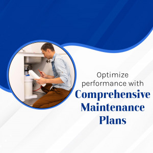 Plumber inspecting pipes under a sink with text promoting maintenance plans.