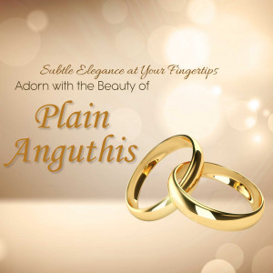 Two golden wedding rings intertwined on a blurred golden background with text 'Subtle Elegance at Your Fingertips Adorn with the Beauty of Plain Anguthis'