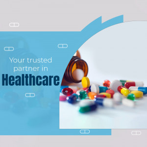 Pills and capsules with the text 'Your trusted partner in Healthcare'