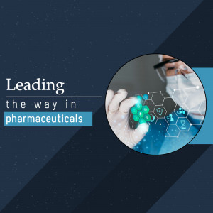 Doctor holding a glowing molecule with pharmaceutical technology background