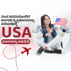 Woman holding an American flag with USA visa information