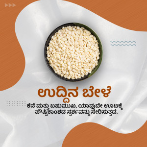 Close-up of sabudana pearls in a black bowl with a colorful abstract background and Kannada text.