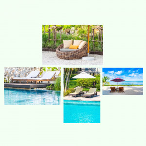 Collage of luxurious outdoor lounge areas with pools and beach views