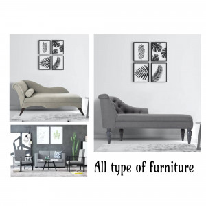Gray chaise lounge with black and white botanical wall art