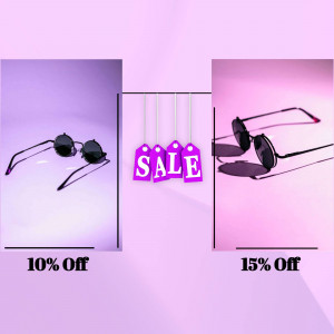 Sunglasses with sale tags and discount offers