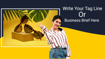 Woman showcasing sunglasses with tropical background