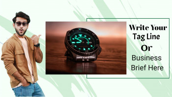 Man pointing at a watch with space for tagline