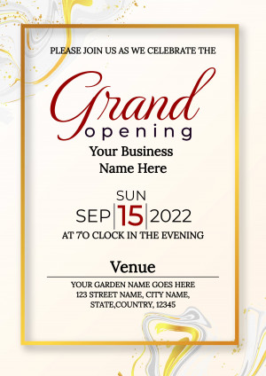 Elegant grand opening invitation with gold accents and red calligraphy