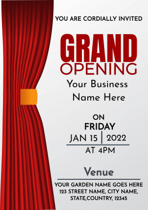 Red curtains opening to reveal a grand opening invitation