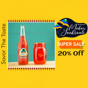 Jarritos watermelon soda and homemade jam with Makar Sankranti sale promotion.