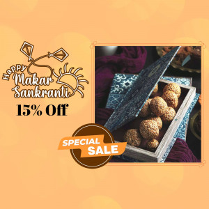 Makar Sankranti promotion with traditional sweets and kite illustration