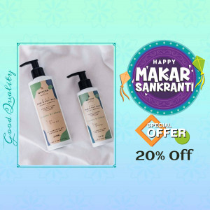 Two bottles of natural hair wash with a Makar Sankranti festive design and a 20% off offer.