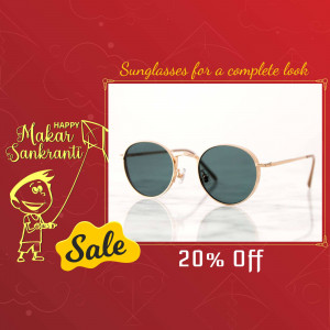 Round sunglasses on a marble surface with Makar Sankranti themed design and sale promotion.