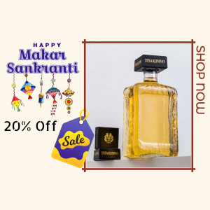 Desaronno Amaretto bottle with Makar Sankranti festive decorations and a sale offer.