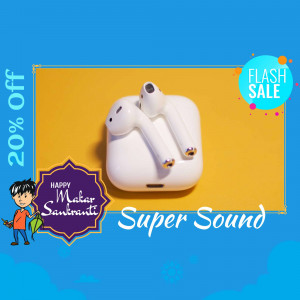 White Airpods with charging case on a festive Makar Sankranti background with a 20% off flash sale banner.