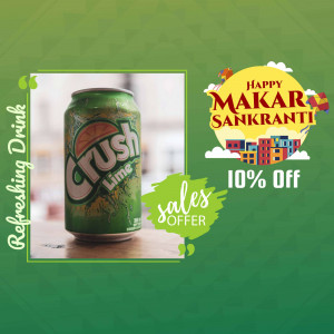 A can of Crush Lime drink with a Makar Sankranti themed promotional graphic.