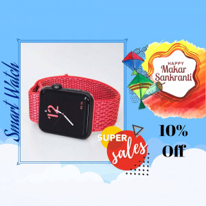 Red Smartwatch with Makar Sankranti decorations and sale offer