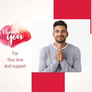 Man with hands pressed together expressing gratitude with a thank you message.