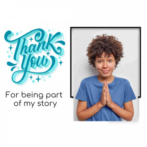 A woman with hands clasped in prayer next to a 'Thank You' graphic.