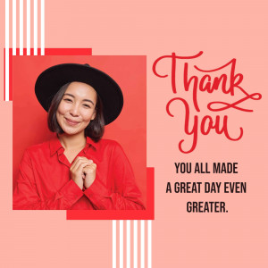 Woman in red shirt smiling with 'Thank You' text overlay