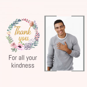 Man with hand over heart and floral wreath with 'Thank You' text