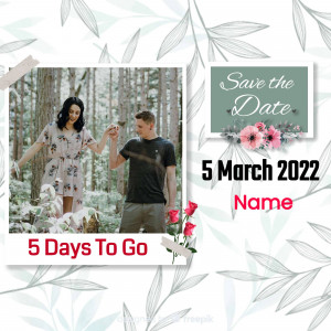 Couple dancing in a forest with a 'Save the Date' announcement