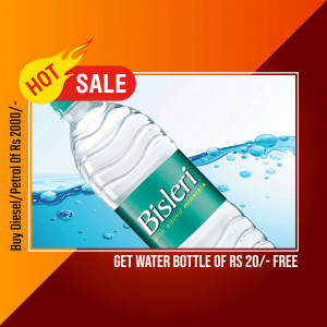 Bisleri water bottle with a promotional offer for a free bottle with fuel purchase.
