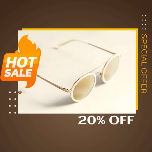 A pair of gold-rimmed sunglasses on a white surface with a 'Hot Sale' promotion.