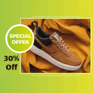 Close-up of brown Nike Air Force 1 sneakers with a special offer promotion.