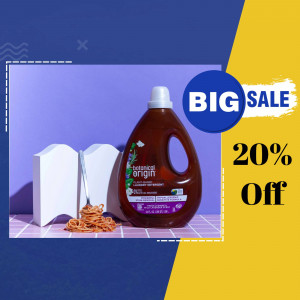 Image of Botanical Origin laundry detergent bottle with a sale promotion.