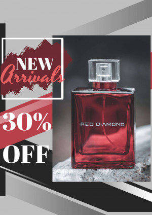 Red Diamond perfume bottle with a 'New Arrivals' and '30% Off' promotion.