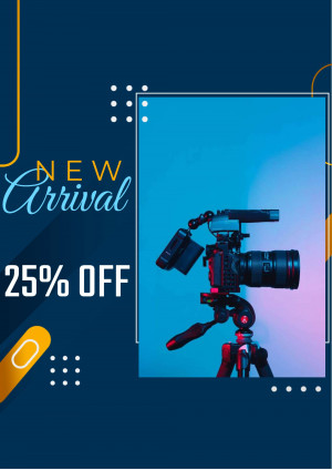 Professional camera on a tripod with a 'New Arrival' and '25% Off' promotion.
