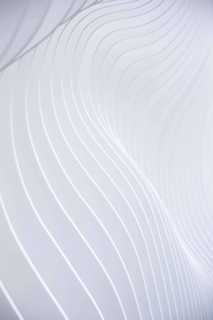 Close-up of a white architectural structure with flowing wave-like lines.