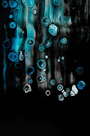 Abstract painting of blue and white bubbles in black fluid