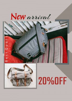 Gray messenger bag on a bed with a 'New Arrival' and '20% Off' promotion.